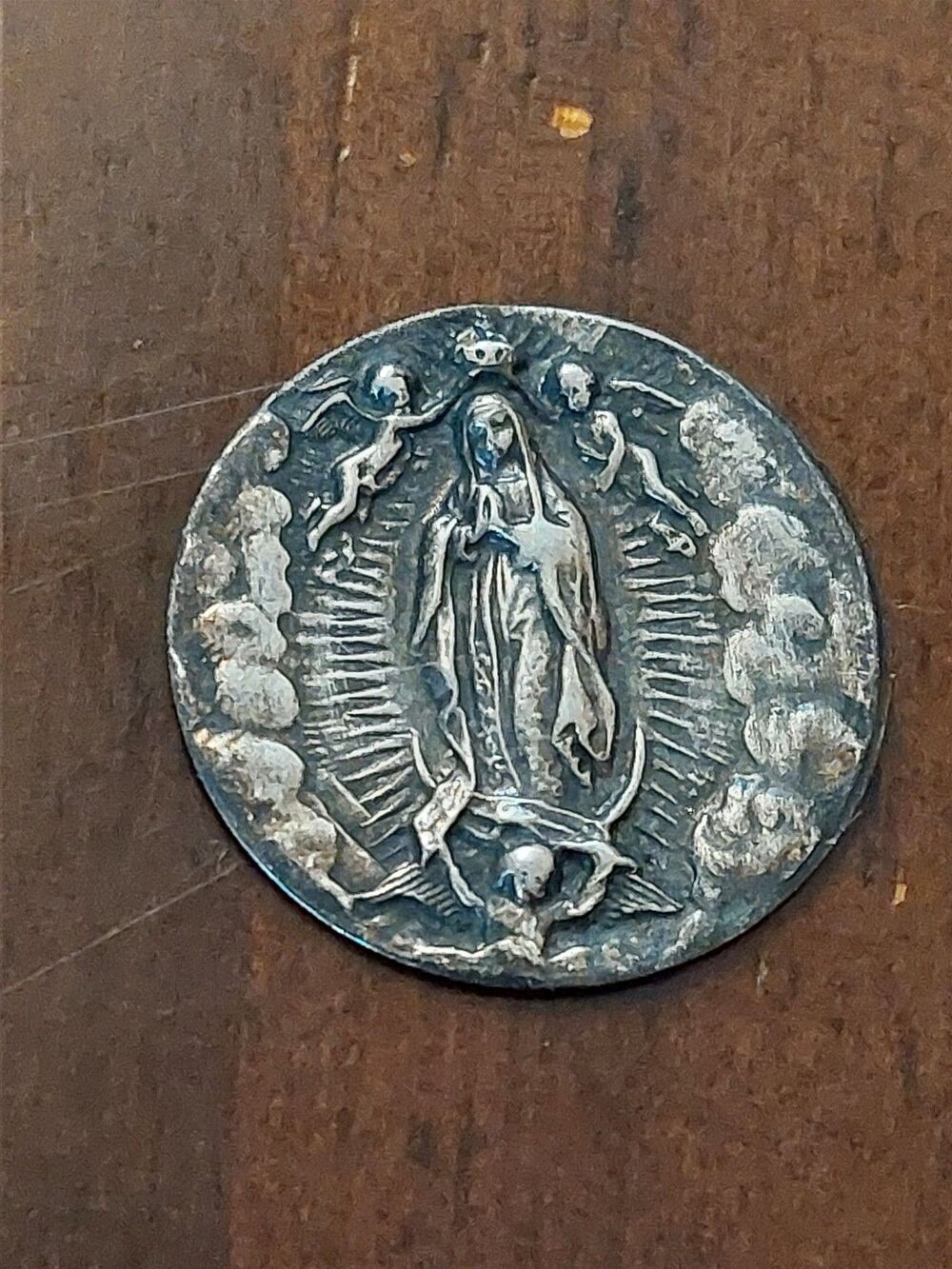 Antique Our Lady of Guadalupe Metal Stamping, Thin Non-Magnetic Catholic Token